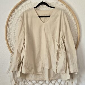 V-Neck Lagenlook Side Tie Roll Tab Long Sleeves Poplin Cotton Tunic Top